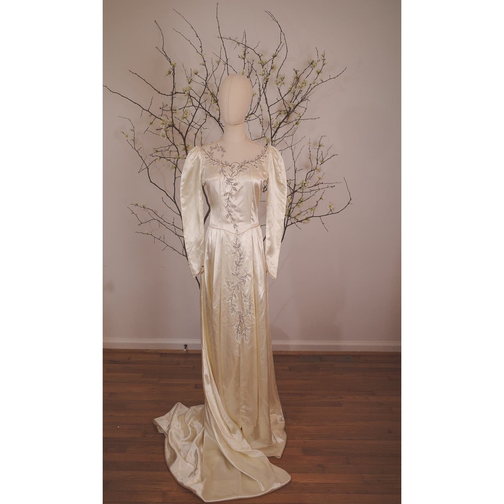 1940's Satin Wedding Dress with Leaf Beaded Detail